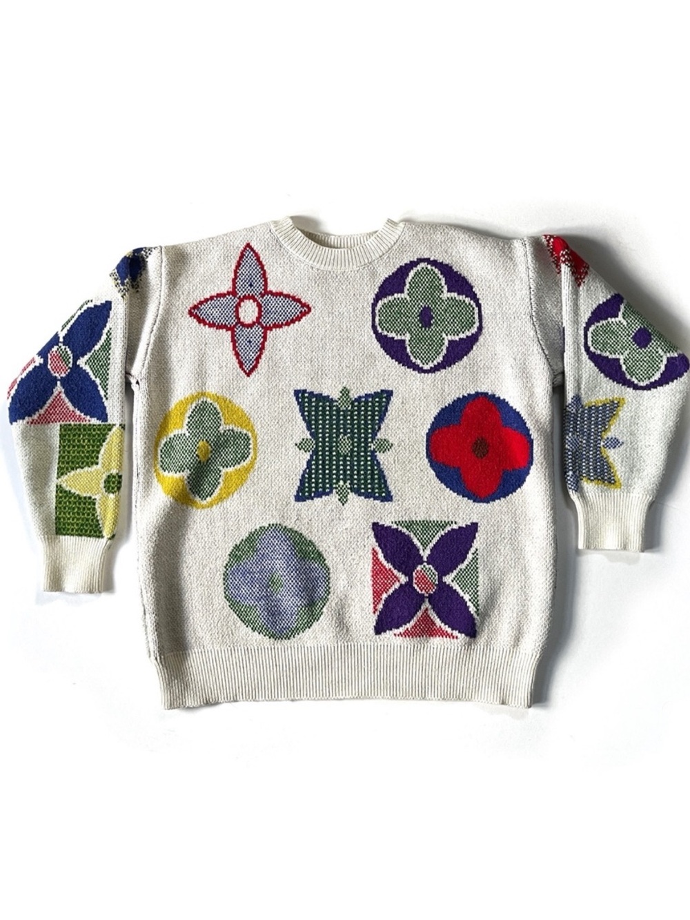 Unisex Ugly Abstract Flower Dun Patterned Knit Sweater No Label